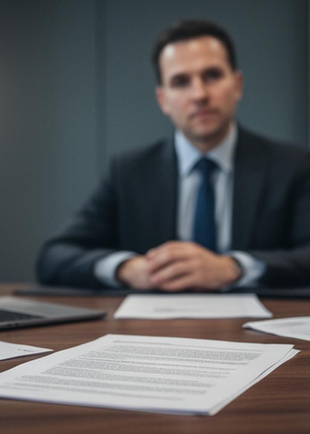 Commercial and litigation solicitor in a calm meeting room, speaking over case papers and a laptop