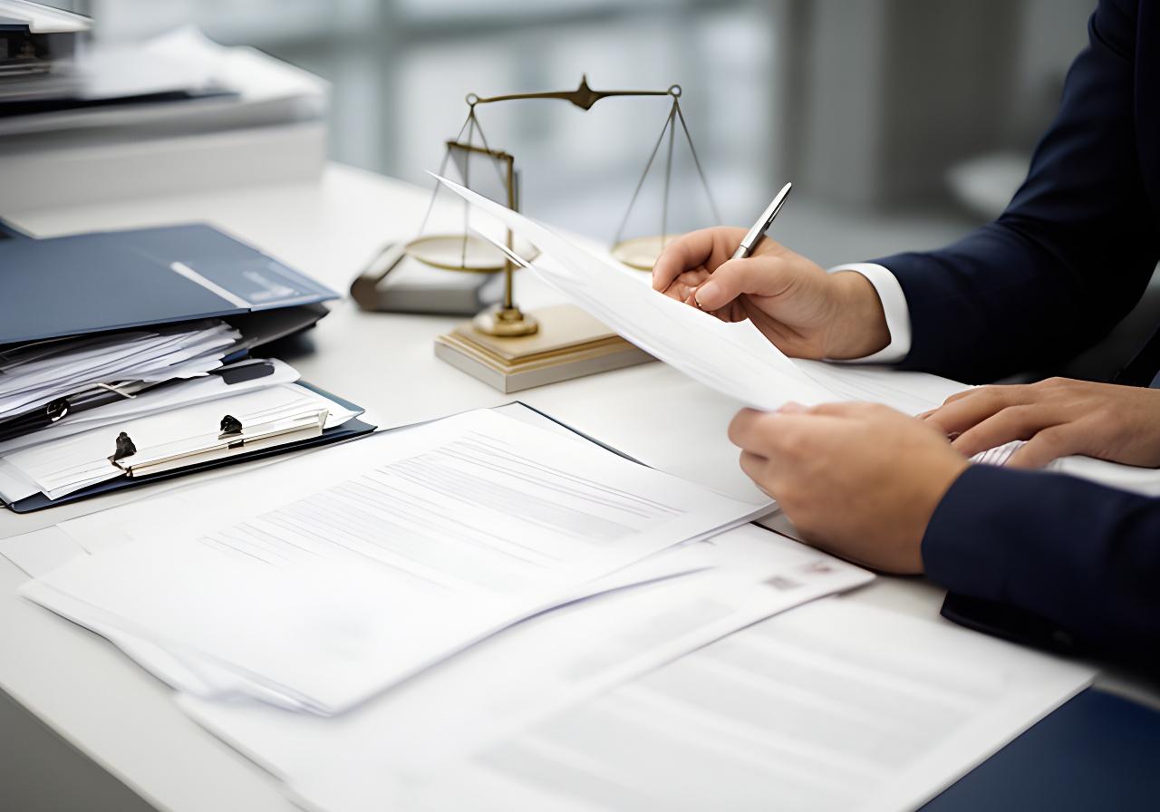 Solicitor reviewing court papers in a Tallaght office with case files and a scale model on the desk