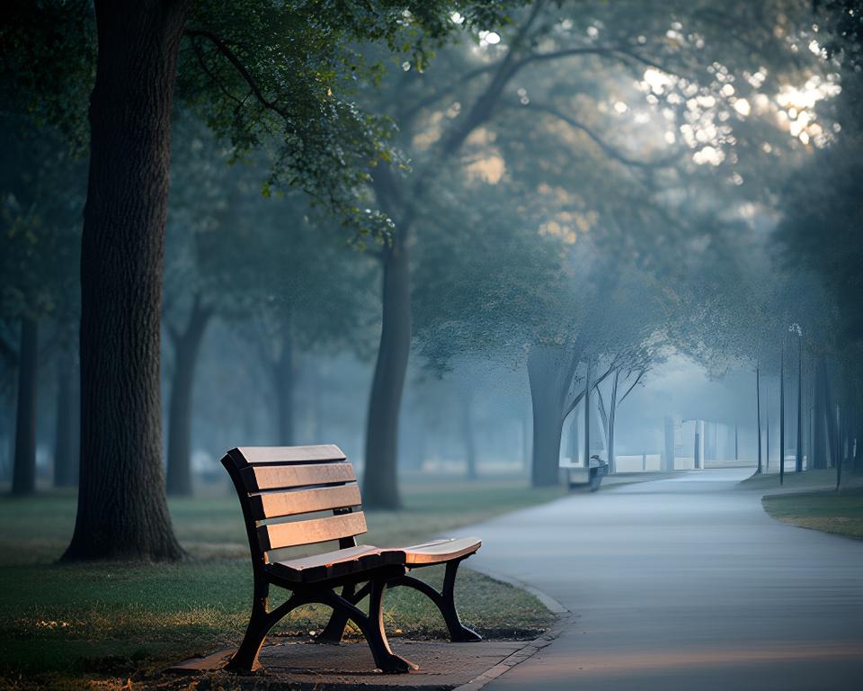 Quiet park bench beside a tree-lined path in Tallaght with soft morning light and an empty seat