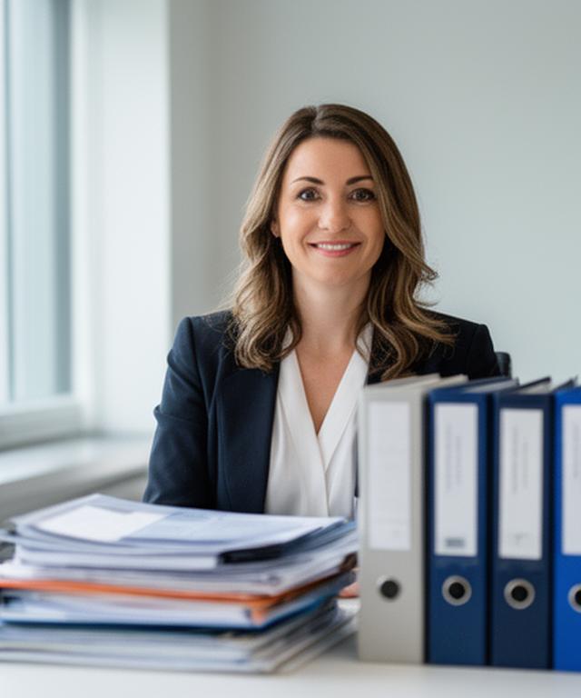 Female solicitor in a Tallaght office with files arranged beside a bright desk