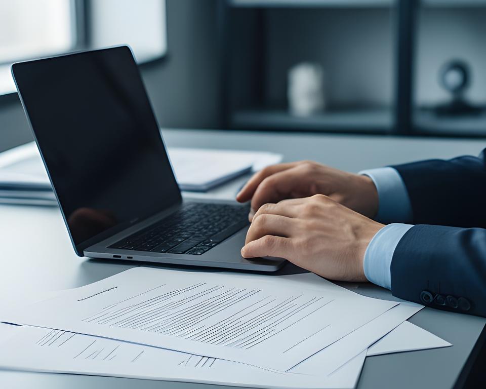 Solicitor reviewing tenancy papers in a calm South Dublin office with a laptop and printed notices