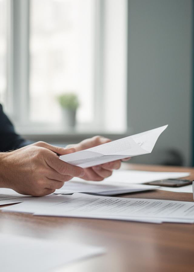 Property and family solicitor in a Tallaght office, reviewing papers beside a window with soft daylight