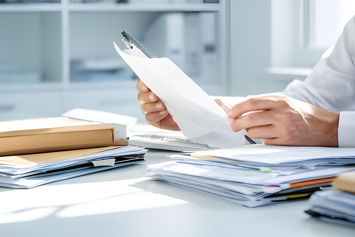 Solicitor reviewing case files in a Tallaght office with daylight on the desk and shelving behind
