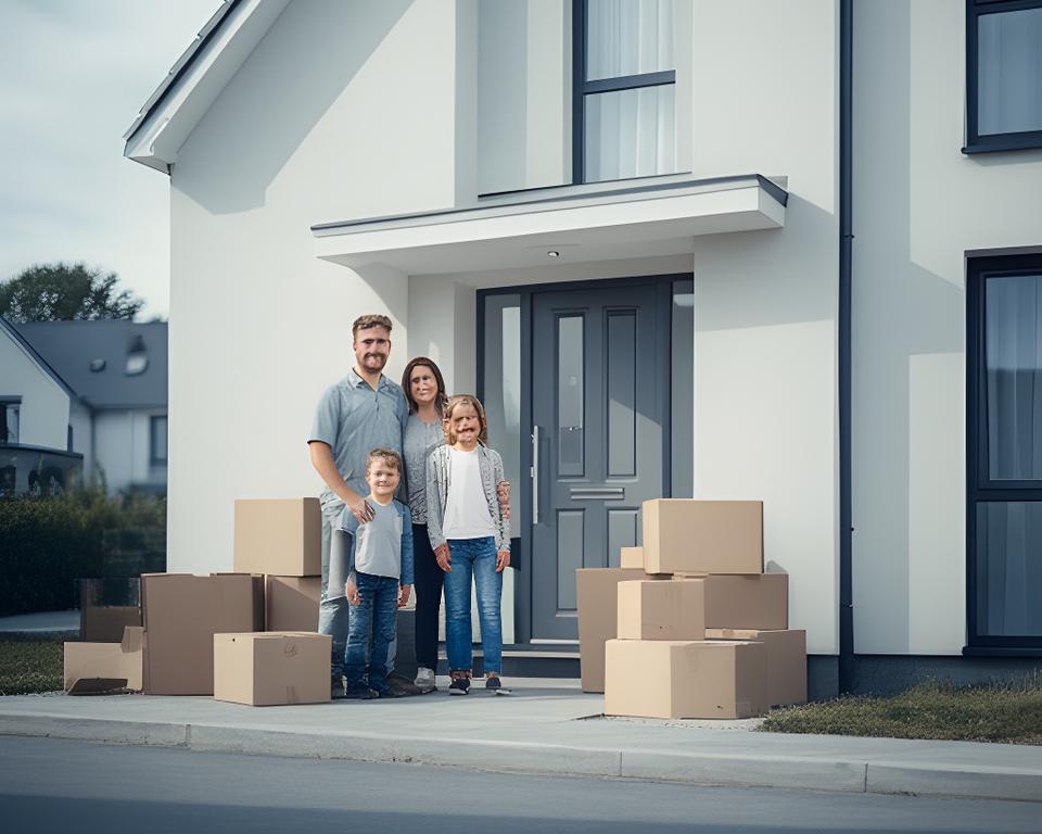 Family standing outside a new-build home in Tallaght with packed boxes by the front door