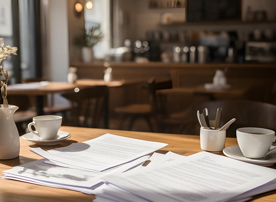 Family-run cafe interior in Tallaght with papers on a table during a lease review meeting