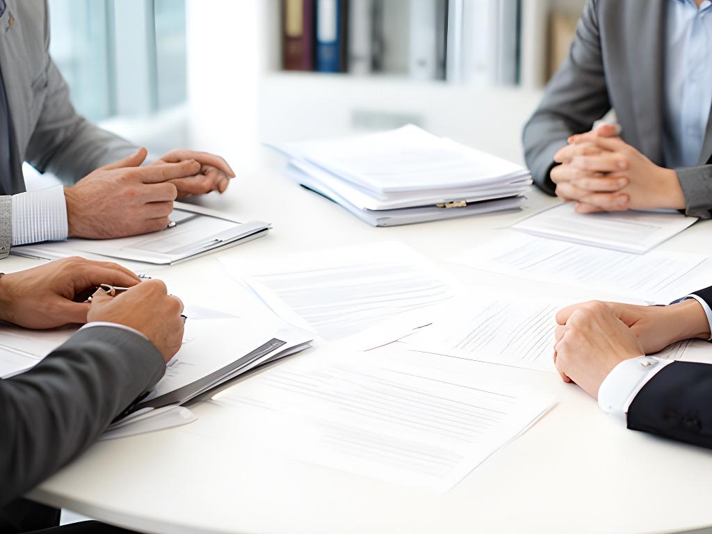 Client consultation in a bright Tallaght law office with documents spread across a round table