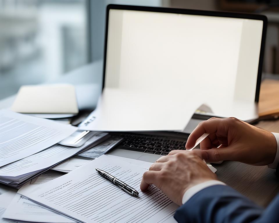 Solicitor reviewing website terms on a desk in a Tallaght office with printed notes and a laptop open beside them